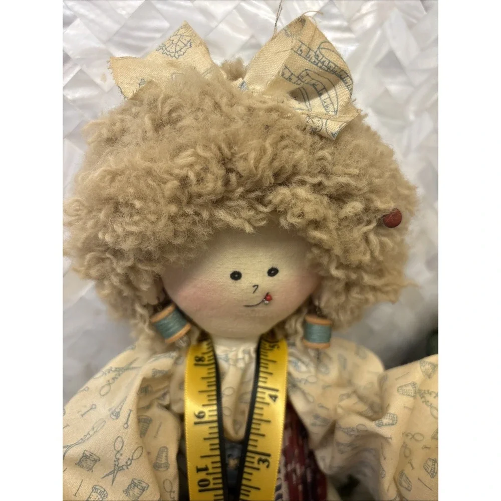 Vintage Homemade? Quilting Lady Doll Sewing Thread Fabric Thread Shopping Button